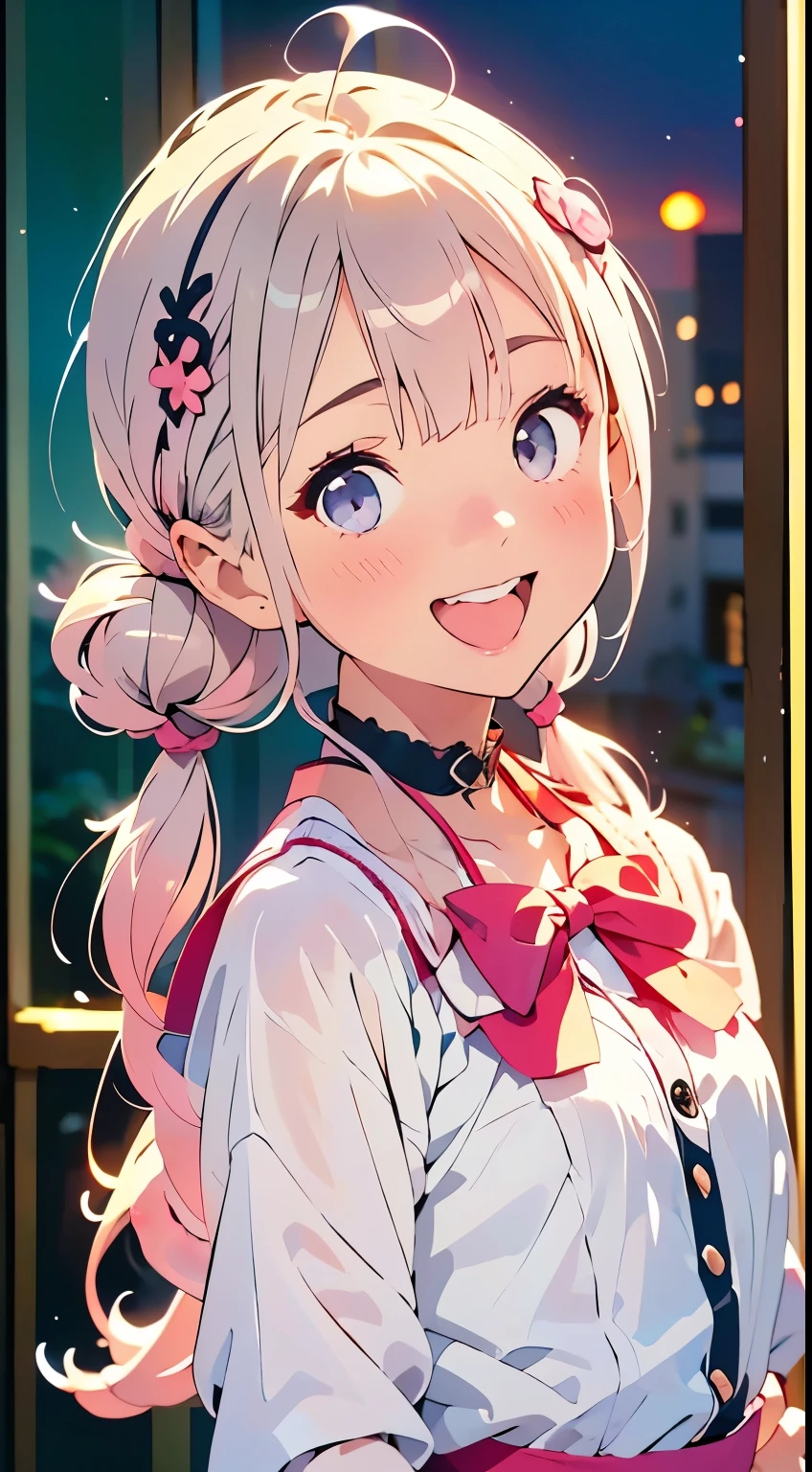 Best Quality、masterpiece、One Girl、、White skin、Wicked Smile:0.8、Open your mouth、(Sticking out tongue)、Pink Hair。Twin tails、Hair Clip、大きなHair Clip、Cute Hair Clips、Grey Eyes、Small red cheeks and nose、break、happy, Warm and soft lighting, sunset, (spark:0.7)