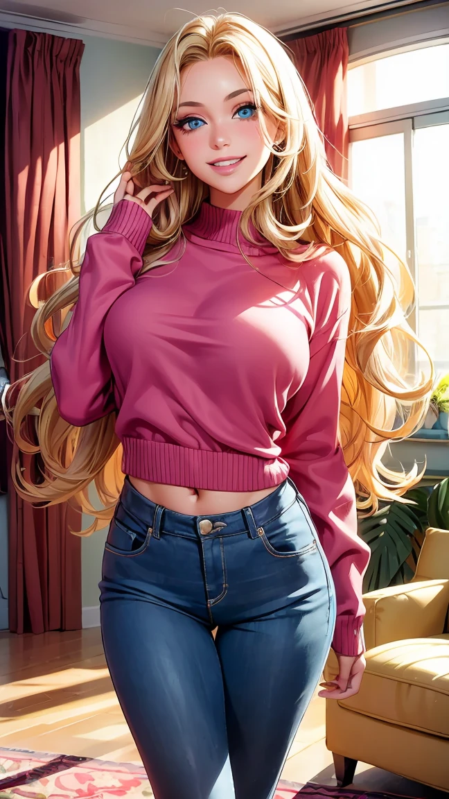 A female wearing clothing (incredibly detailed, beautiful face, pink lips, piece of art) tight jeans. She has blonde hair and blue eyes. The jeans are tight her cameltoe is visible