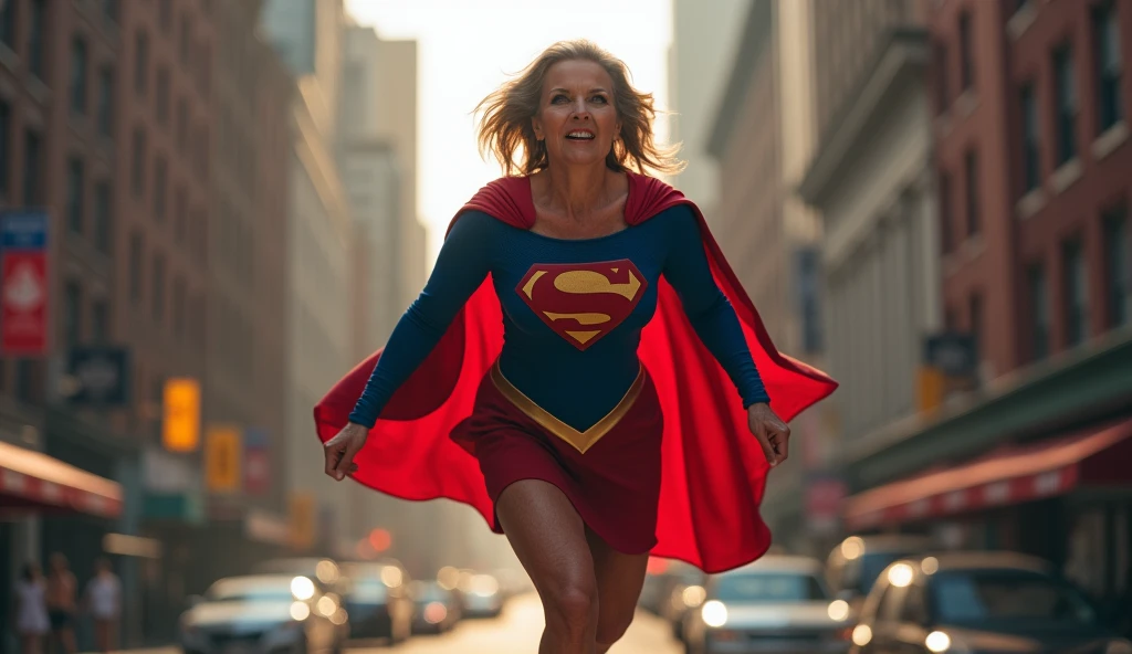 Paris Street; strong very old Julie Hagerty(((Red hair))) 2024(superhero transformation; running to save the world) 2007 (((Woman defined body with big breasts, strong and firm; Superman fantasy dress 1980))) as Supergirl(((Filme da Supergirl de 1984s de Julie Hagerty))); floating in mid - air. 