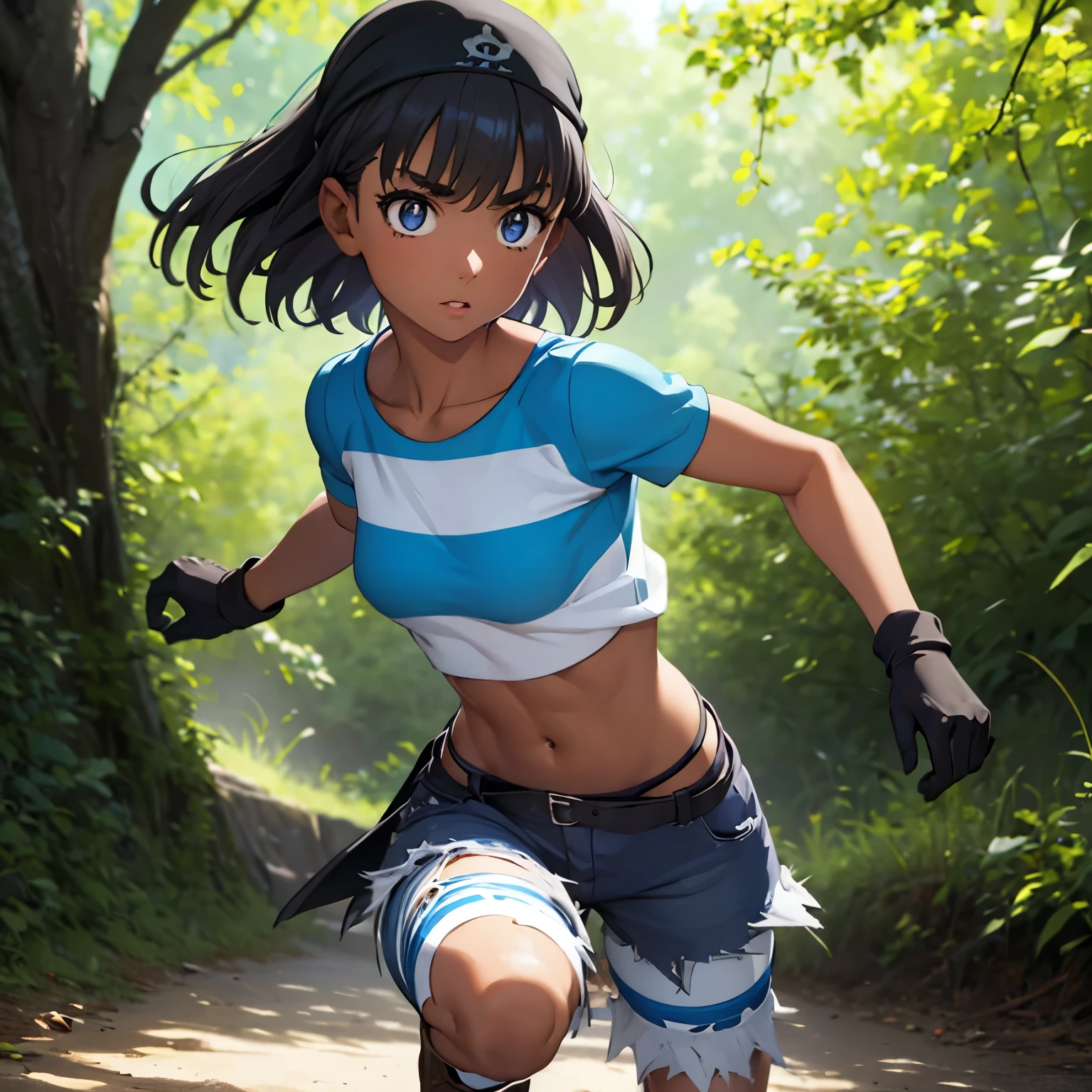 pkmntag, (insanely detailed, beautiful detailed face, masterpiece, best quality), ((masterpiece)),((best quality)),(highres), bokeh, looking at viewer, solo, 1girl, cowboy shot, bandana, striped crop top, armband, black shorts, black gloves, striped leggings, blue boots, medium breast, mio kofune, short hair, blue eyes, black hair, dark skin, dark-skinned female, bright pupils