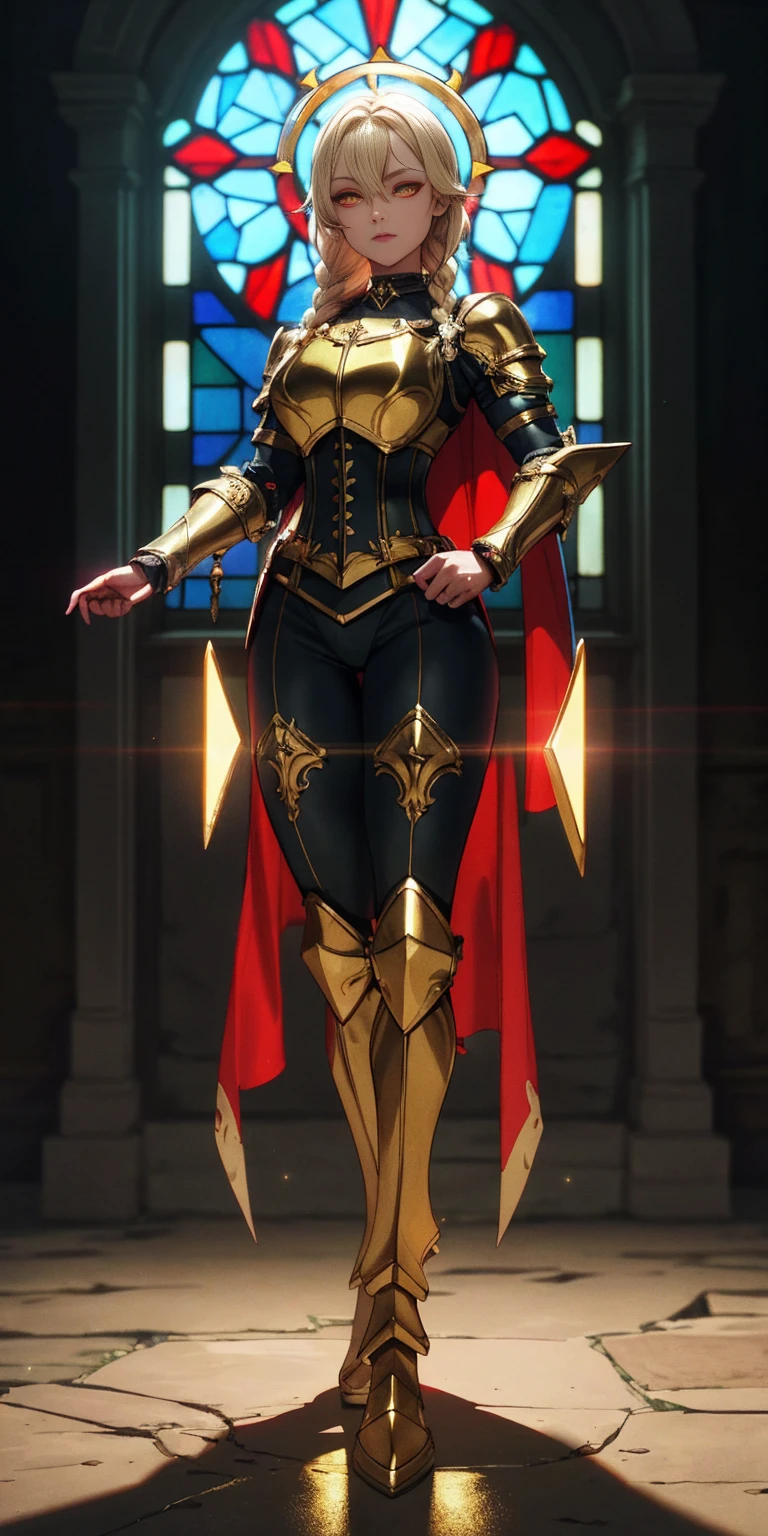 full body of paladin lady in ornate golden armor, black collar, pauldrons, breastplate, corset, glowing halo, single braid, blonde, yellow glowing eyes, bright pupils, eye focus, red cape, temple indoors, stained glass windows, night, moonlight, particles, light beam, chromatic aberration