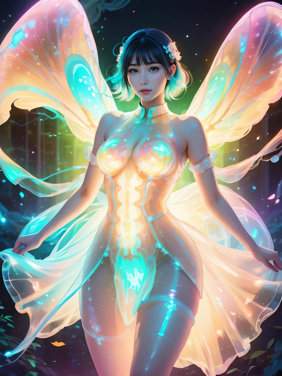 Art by Mschiffer, neon lights, light particles, colorful, CMYK colors, fractal art, (masterpiece), realistic and cinematic light, 1girl, 1 girl, accurate and perfect anatomy, beautiful hands, ultra detailed illustration of silhouette, surrounded by colorful smoke, translucent sexy lingerie dress, translucent shiny dress, fantastic figure, round face, beautiful face, detailed and perfect face, big and even eyes, shot from the knees up, bright smile, beautiful proportions, bewitching, sexy, erotic, ((translucent skin: 1.5)), ((translucent body: 1.5)), huge breasts, thin waist, navel, crotch gap, thighs, dynamic pose, changing pose, dynamic angle,
