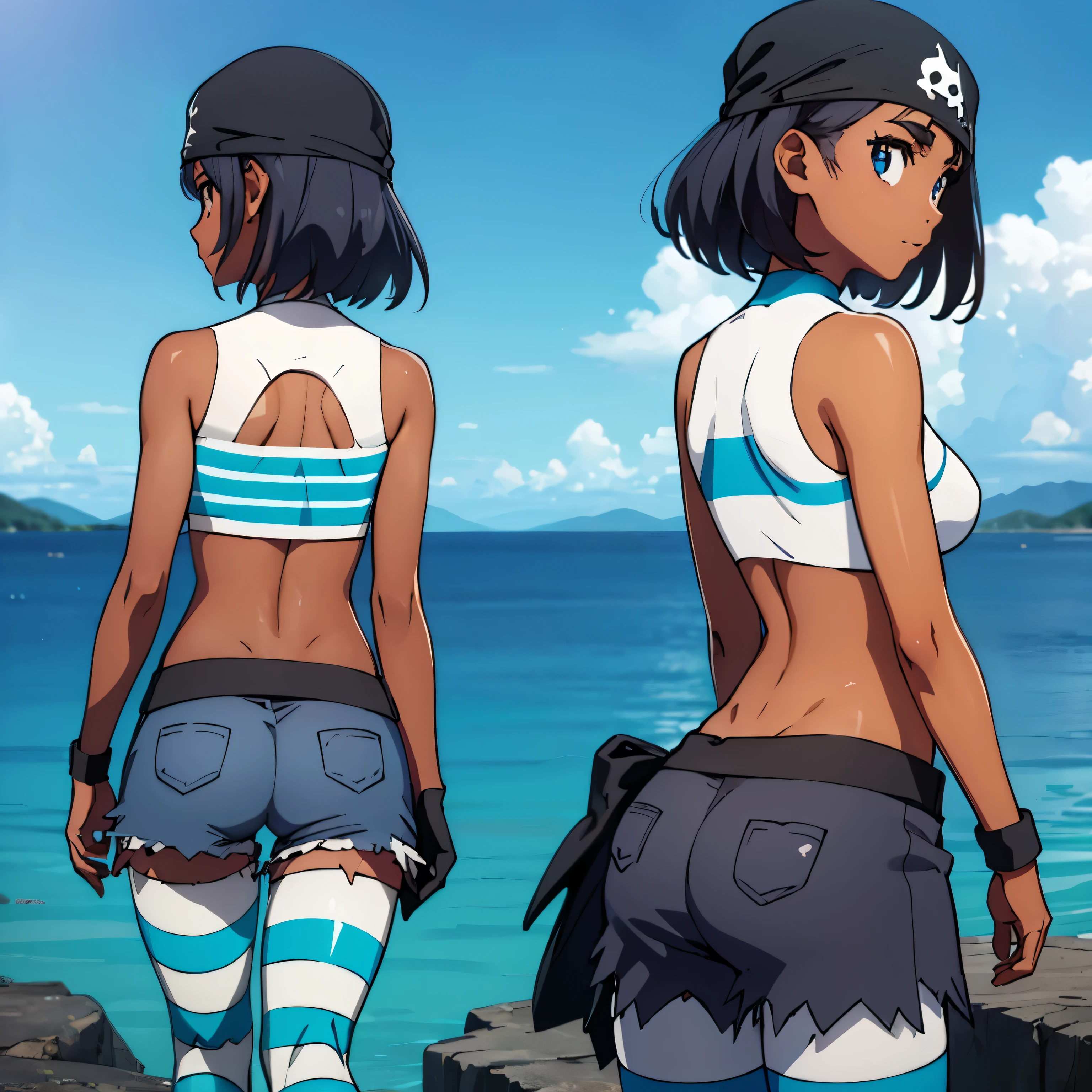 pkmntag, (insanely detailed, beautiful detailed face, masterpiece, best quality), ((masterpiece)),((best quality)),(highres), bokeh, looking at viewer, solo, 1girl, cowboy shot, bandana, striped crop top, armband, black shorts, black gloves, striped leggings, blue boots, medium breast, mio kofune, short hair, blue eyes, black hair, dark skin, dark-skinned female, bright pupils, (((sea background, submerged))), (((ass, from back, from behind, looking from back, view from back)))