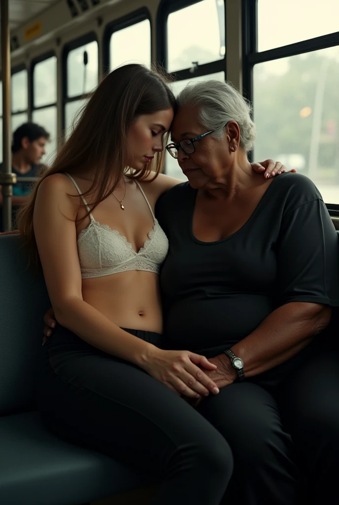 Create a photo of a 30 year old young woman, with a slender and beautiful body, wearing only white lace panties with white and fair skin, with long light brown hair, wearing hoop earrings, terrified lying on the floor with her back to the camera as she is dragged, assaulted and stripped naked by three nervous 90-year-old black elderly ladies, obese dark black skinned, ugly, low, who has short hair, who wear glasses and a blue dress