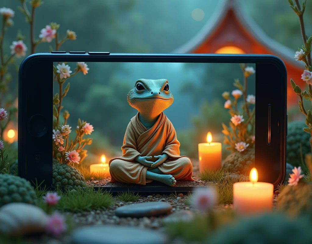 View from a smartphone screen lying on floral grass. The screen shows a miniature meditation retreat in a colorful house made of seashell, with a miniature lizard monk in elegant robes meditating peacefully, surrounded by miniature candles and a miniature zen garden at night.