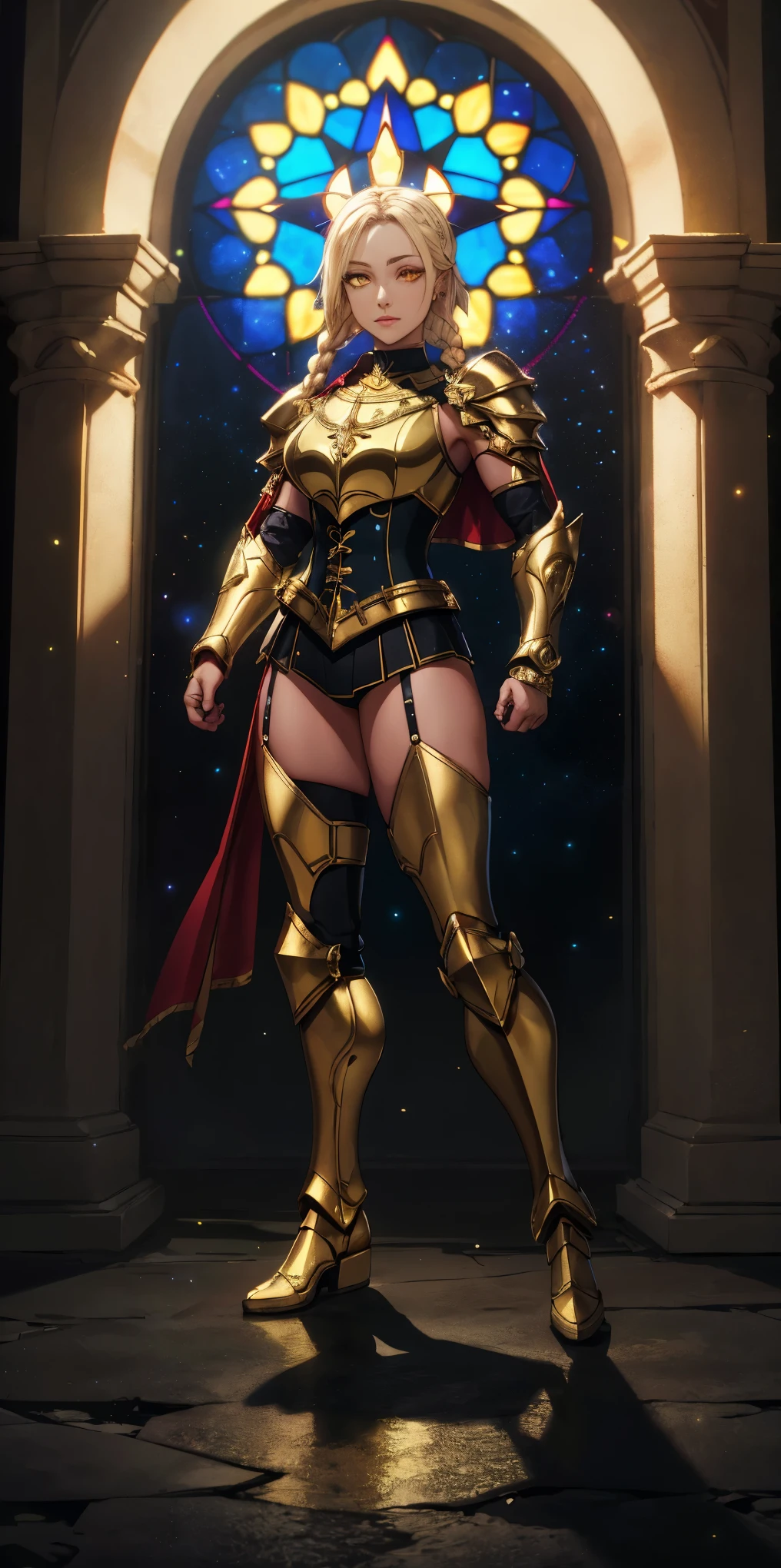 full body of paladin lady in ornate golden armor, black collar, pauldrons, breastplate, corset, glowing halo, single braid, blonde, yellow glowing eyes, bright pupils, eye focus, red cape, temple indoors, stained glass windows, night, moonlight, particles, light beam, chromatic aberration