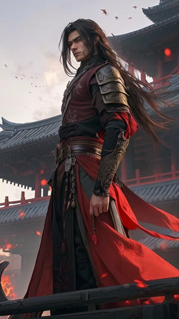 A young and firece male warrior with long locks of dark hair and glowing eyes, a black and red fantasy warrior attire inspired by japanese history with intricate detailing, high resolution, masterpiece, precise, anatomically correct, best quality, super detailed, UHD, realistic,