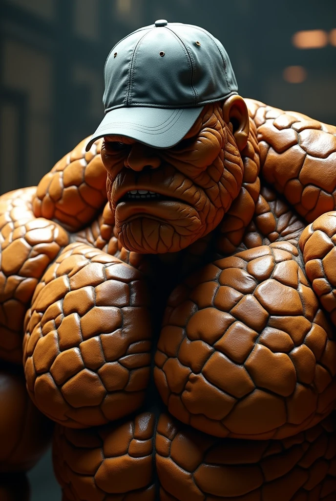 Man with cracking stone face. Human thing marvel. Very dry skin. Wear pant, shirtless. Korg. Fantastic 4 character the thing. Orange skin rock dirt skin. Wear elastic pant ,loose ear. Big head. Bulking short body. Normal people body type. Ben Grimm. Fantastic 4 character,in lab . Hologram everywhere. Data. Stone ear mount. Very chubby. Big "4" white blue color logo on center of belt. Very thin body. Big belly.