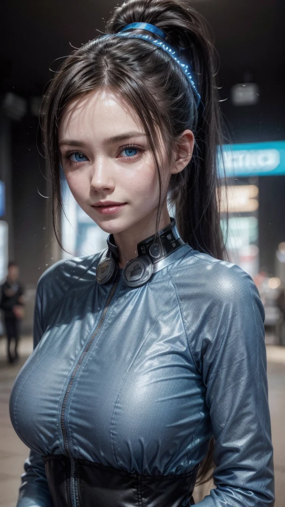 1girl, Teen, High Resolution, Breasts, Smile, Blue eyes, Bangs, Looking at viewer, Best Quality, Happy, Close-Up, Realism, Depth Of Field, Bokeh, Headphones, Futuristic Clothes and Coat, Masterpiece, Long Hair, Ponytail, Hime Cut, Black Hair, Folded Ponytail, Ray Tracing, Nights, Futuristic City, front pacing