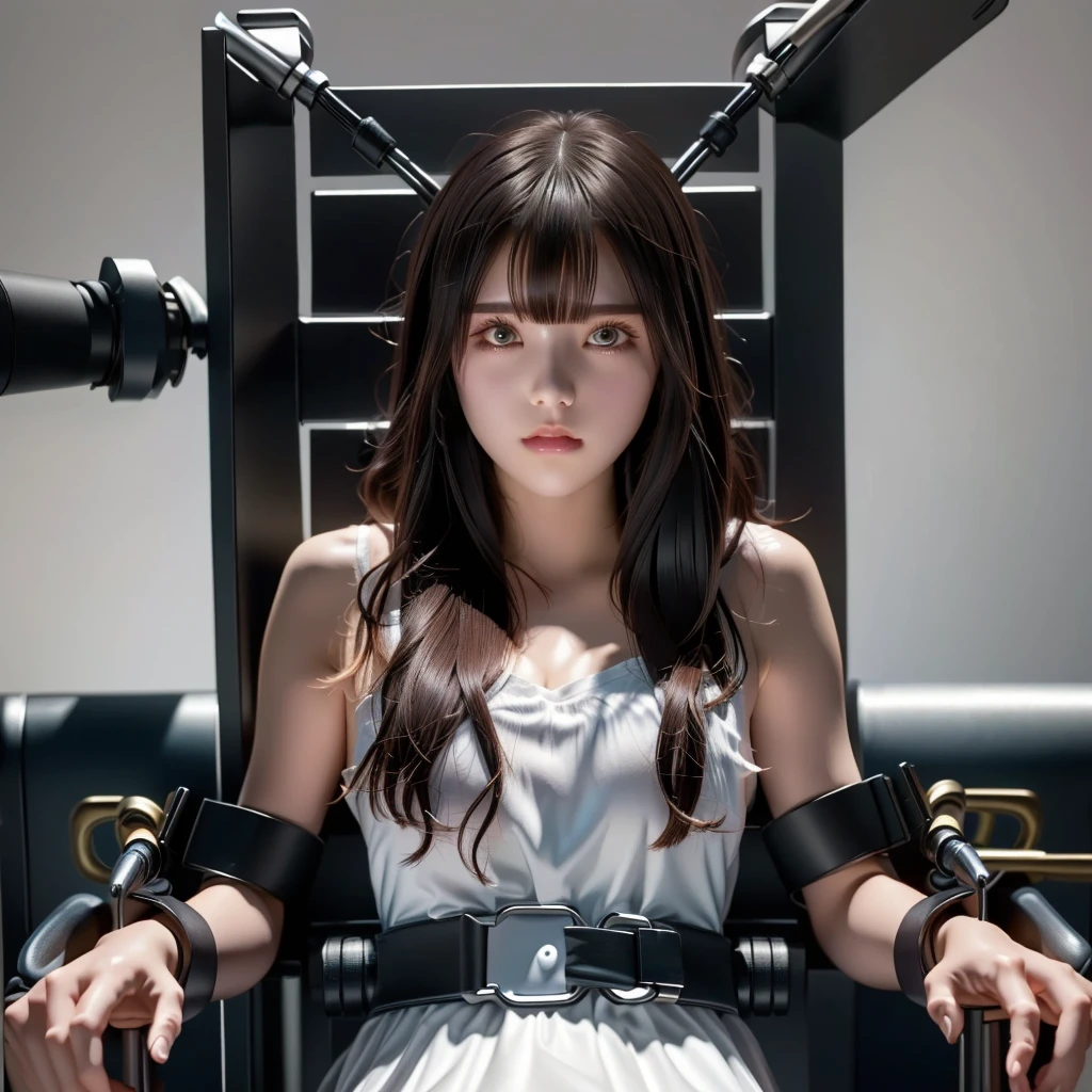 A girl is strapped to an electric chair-like device, White camisole dress, A little dirty whole body, Looking straight ahead with a blank expression, Live-action filming, Super beautiful image quality, Professional Lighting Effects, Clear photos, A very dark place lit by a spotlight,