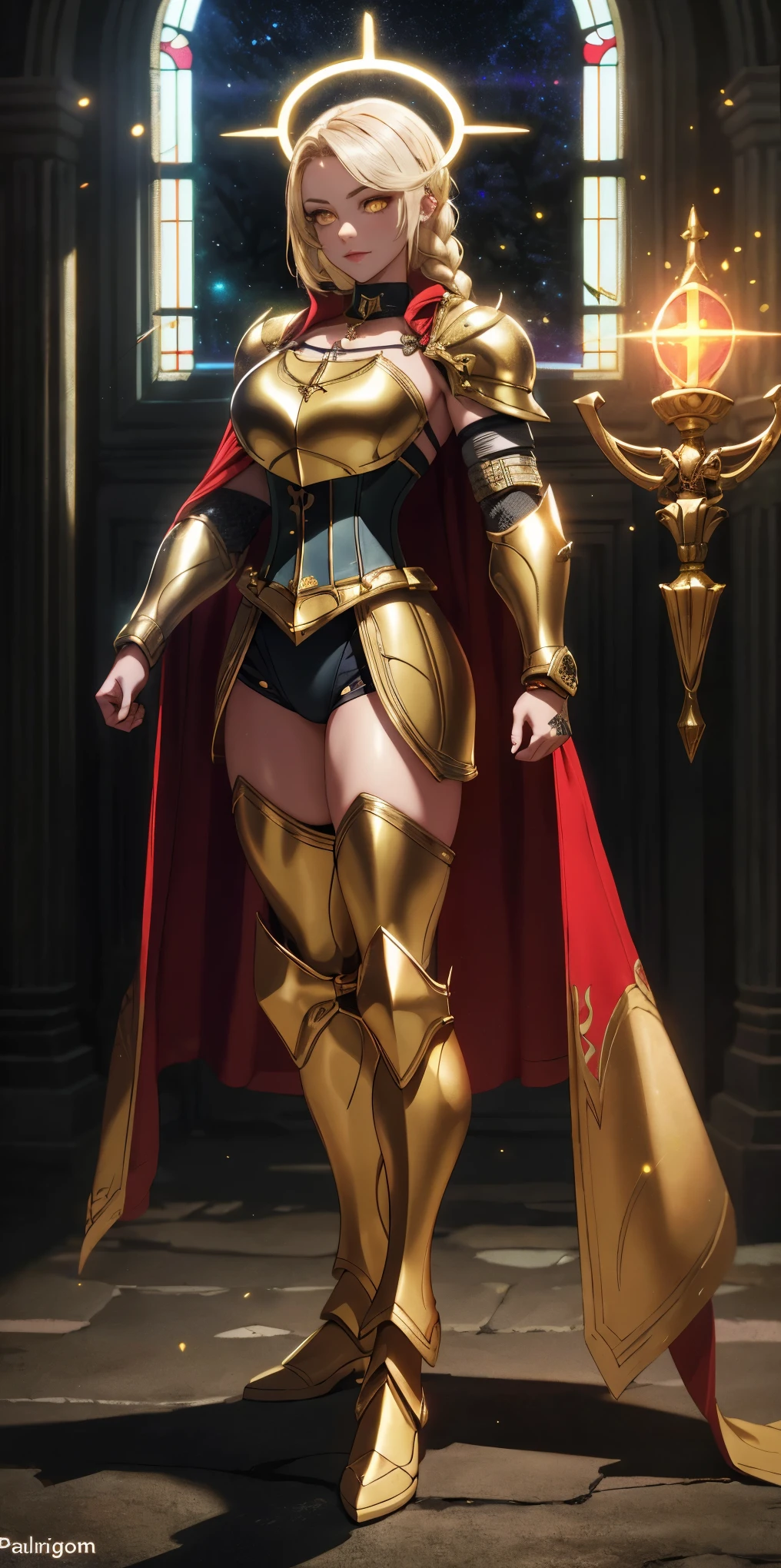 full body of paladin lady in ornate golden armor, black collar, pauldrons, breastplate, corset, glowing halo, single braid, blonde, yellow glowing eyes, bright pupils, eye focus, red cape, temple indoors, stained glass windows, night, moonlight, particles, light beam, chromatic aberration