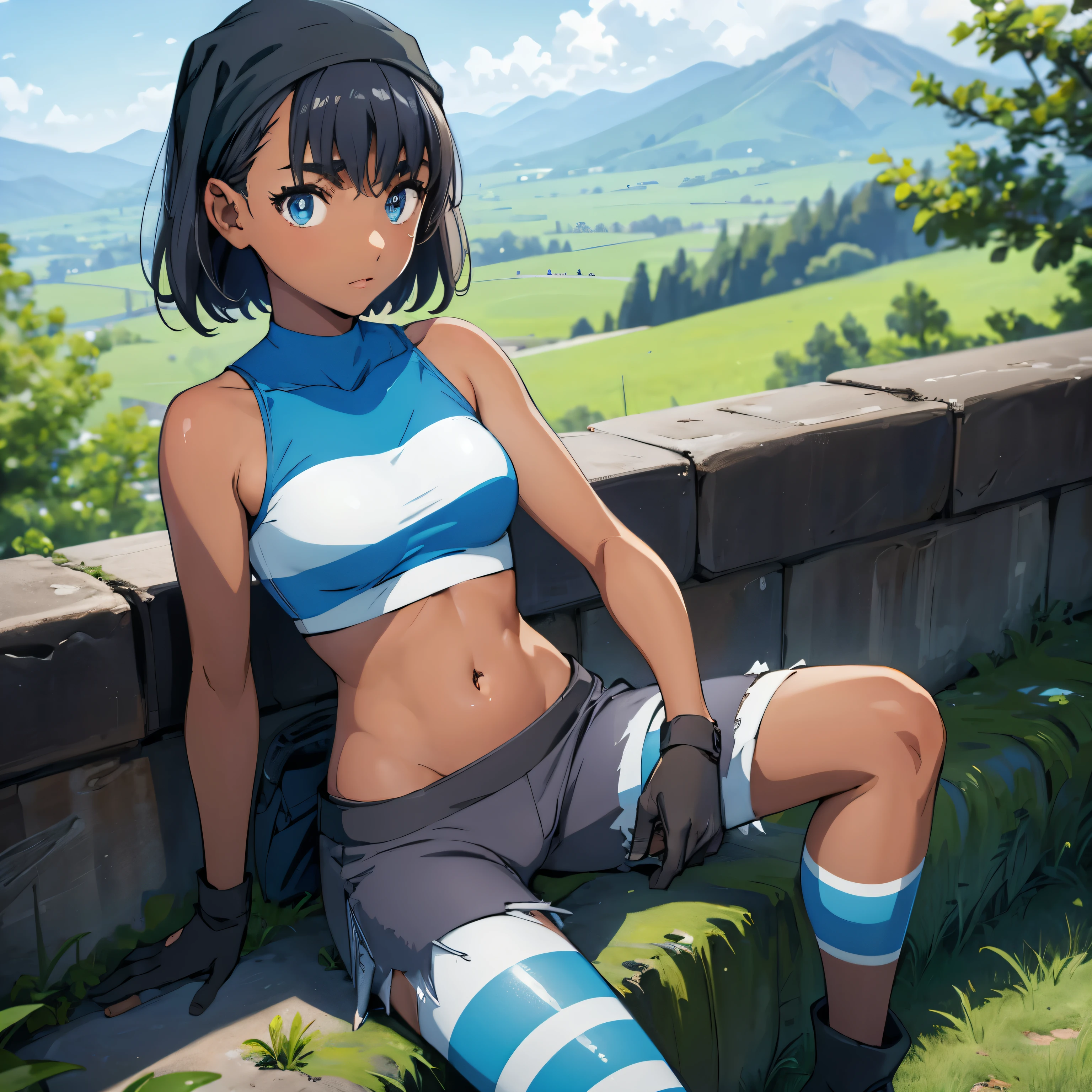 pkmntag, (insanely detailed, beautiful detailed face, masterpiece, best quality), ((masterpiece)),((best quality)),(highres), bokeh, looking at viewer, solo, 1girl, cowboy shot, bandana, striped crop top, armband, black shorts, black gloves, striped leggings, blue boots, medium breast, mio kofune, short hair, blue eyes, black hair, dark skin, dark-skinned female, bright pupils