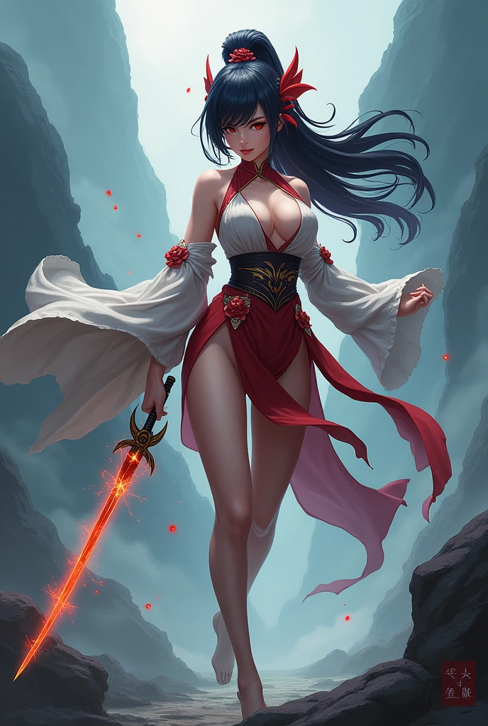 best quality, master, highres, wuxia 1girl, nude, super beautiful face, super beautiful eye, super beautiful hair Super beautiful face, super beautiful eyes, super beautiful hair, martial arts, big sword, sword drawing action, Forbidden Peak, above the clouds.naked