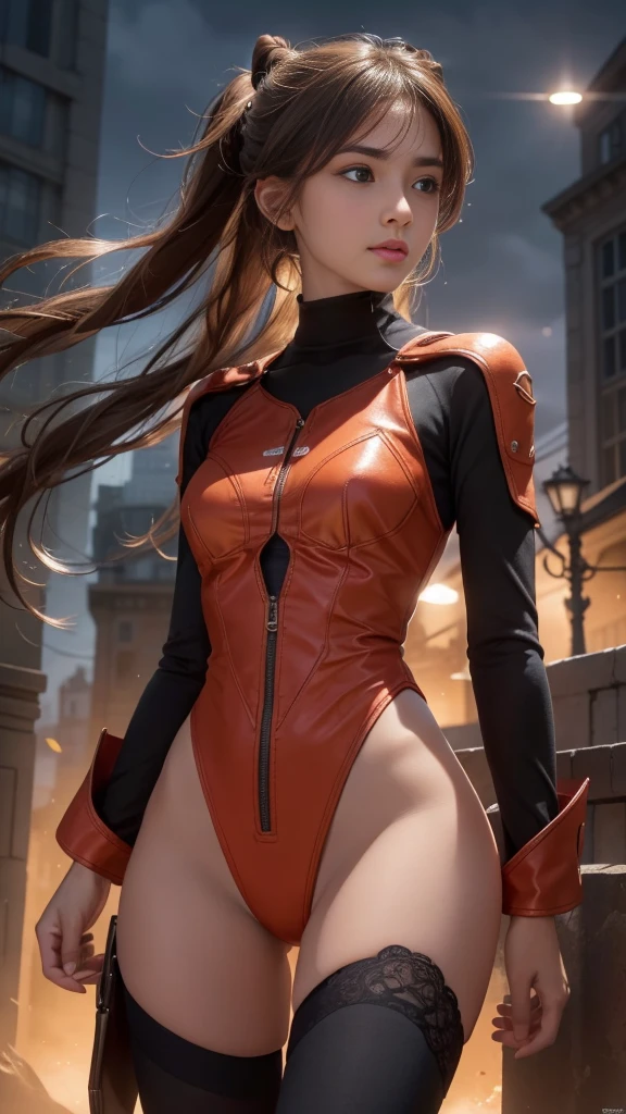 Asuka Langley sexy, neon genesis evangelion, semidesnuda, traje con logo de NERV iconico rojo sexy,very sexy small red clothes, joven, cuerpo muy delgado, super skynny body, small and beautiful buttocks, abdomen tonificado, puedo ver sus senos hermosos y perfectos,, poernas hermosas, manos perfectas,guantes rojos, en el fondo se ve la torre tokyo,pose sexy, malevolent, obscena, poderosa, super sensual, angels fighting,Dramatic background, In the background you can see the city of Japan with sparkles that illuminate its beauty, apocalyptic atmosphere, mirada sensual, ojos hermosos, tiene sus clasicas pinzas en el cabello, classic hairstyle,Hair dyed in bright red color, Best quality,8K,A high resolution,Masterpiece,Ultra detailed,Realistic, Photorealistic,photo realistic