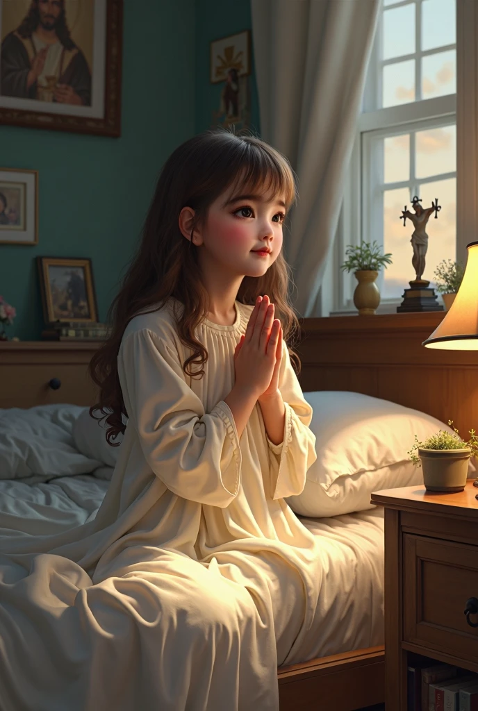 blonde female 5 angelic child inmas with curly hair praying on top of bed.