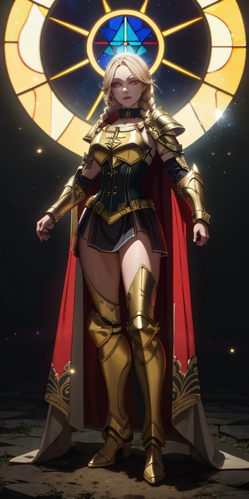 full body of paladin lady in ornate golden armor, black collar, pauldrons, breastplate, corset, glowing halo, single braid, BRUNETTE , yellow glowing eyes, bright pupils, eye focus, red cape, temple indoors, stained glass windows, night, moonlight, particles, light beam, chromatic aberration