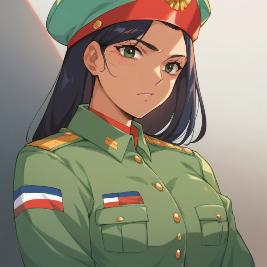 Revolutionary girl holding a red flag on a high mountain war World War II military uniform carrying a gun behind her back with her teammates