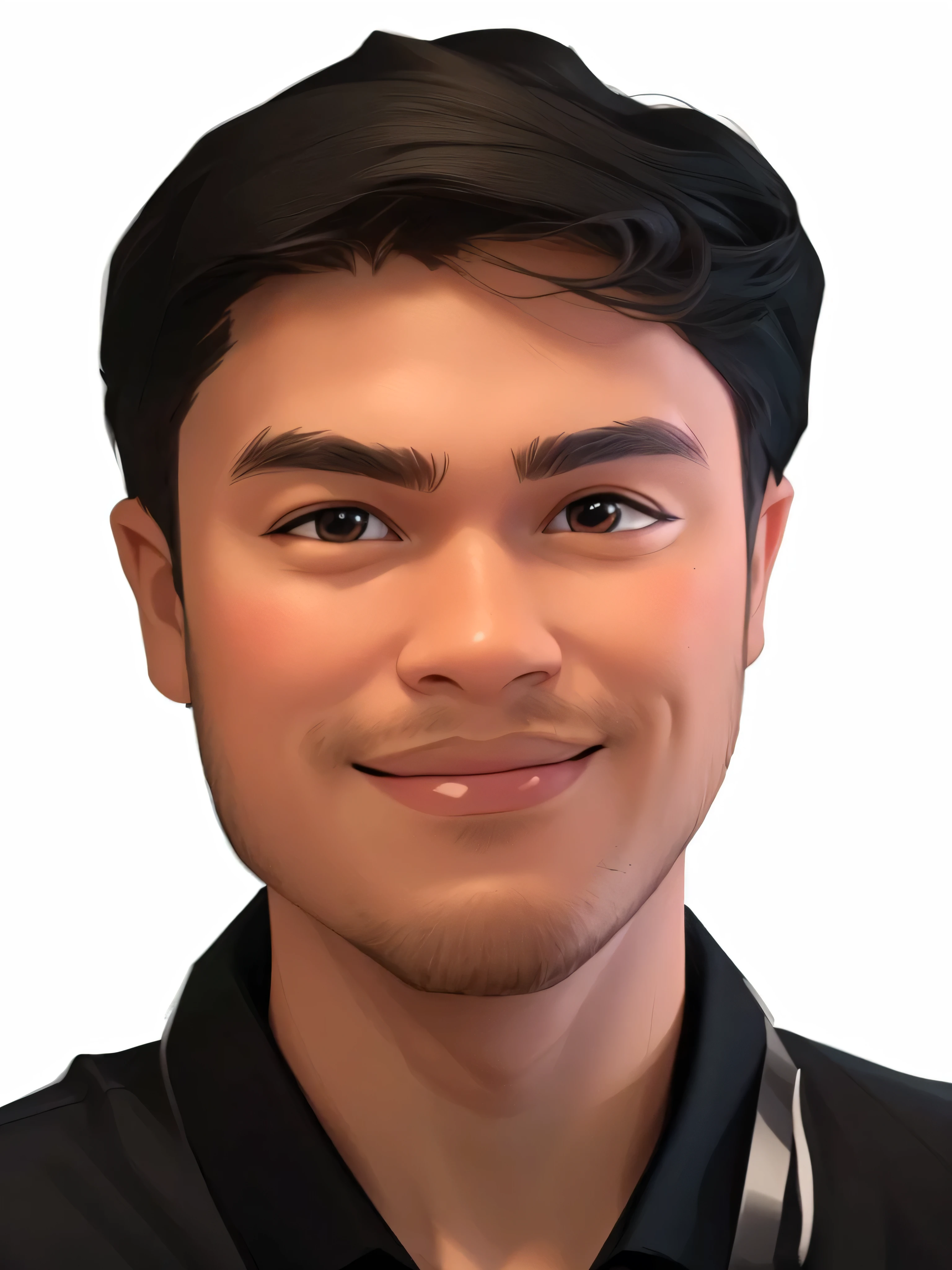 smiling man with black shirt and black tie and black shirt, south east asian with round face, headshot profile picture, jayison devadas, realistically rendered face, single realistic face, with accurate face, highy detailed face, brown skin man with a giant grin, face very realistic, generate realistic face, face realistic, realistic face, headshot photo, accurate detailed face, caricature illustration, full protrait, potrait, caricature style, chibi, caricature!!!, foto realistic, 3 d, 3d, charactor, photo 3d, 3d render