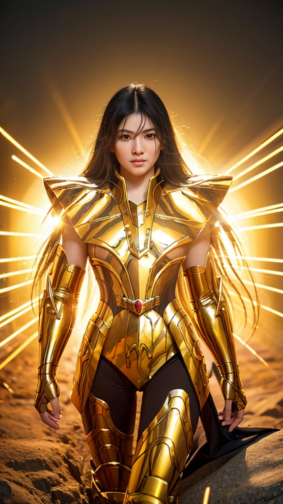 create a super beautiful photo of a semi chubby goddess, wearing a gold outfit with crown and halo, with a mighty lion by her side, cinematic effect, extremely detailed, with intricate details, shinny, expensive, glorious, photorealistic, hyper realistic, glowing skin, gold holograpic shine effect on skin, HD quality, 8k, half body shot