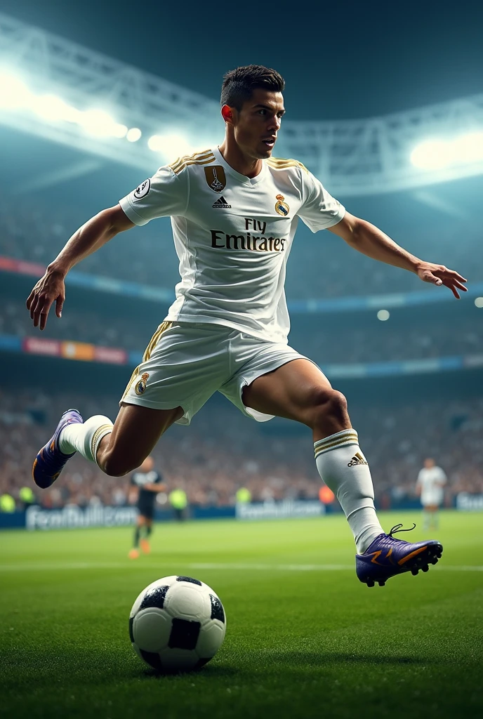 A striking image for the cover of a YouTube channel about football and Cristiano Ronaldo could include a dynamic action of the player, with his iconic number 7 prominently displayed. Vibrant colors like the green of the field and the white of your team would enhance the excitement of football.