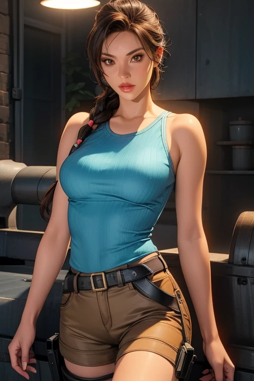 perfect eyes:1.2, detailed eyes:1.4, Lara Croft, single braid, brown eyes, teal tanktop, straps, brown shorts, thigh holster, cowboy shot, 1girl, solo, (masterpiece:1.6, best quality), 8k, insane details, intricate details, hyperdetailed, hyper quality, high detail, ultra detailed, professional, HDR, ray tracing reflection, cinematic lighting,