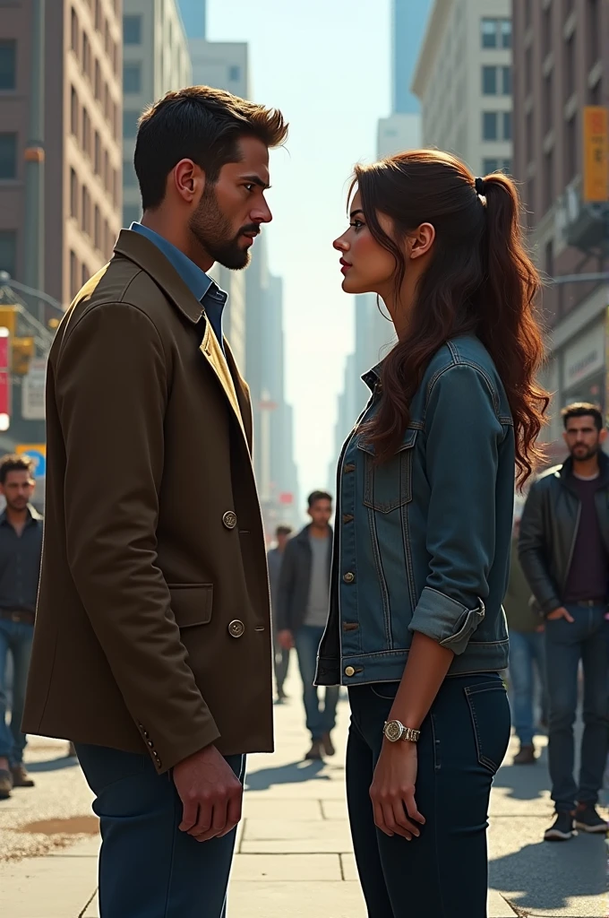 a tall and beautiful Indian actress in brown jacket carrying a large man on her shoulders, man is sitting on her shoulder