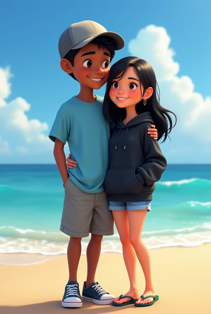 I need an image where there is a dark-skinned boy laughing quietly with a black-haired white girl on a beach