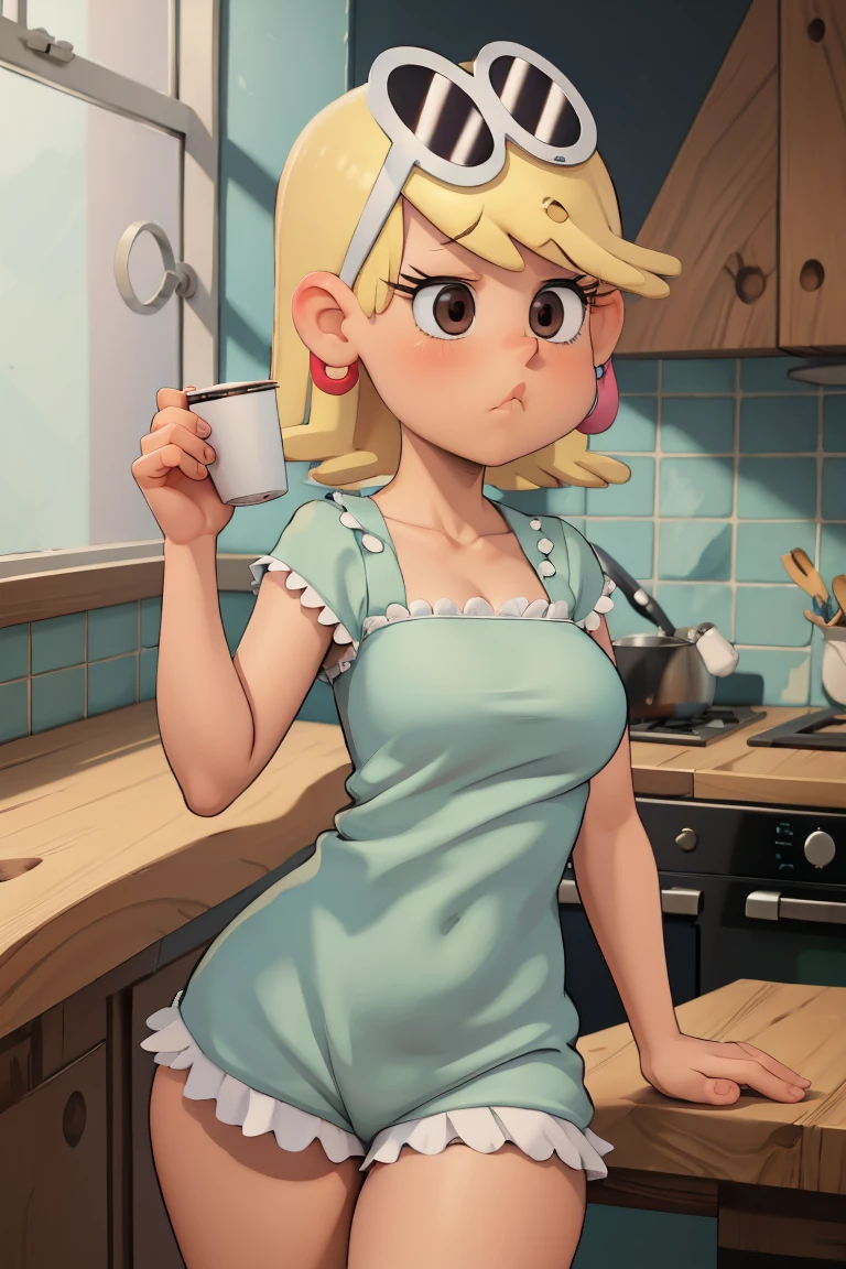 Leni Loud, with dark circles, tired face, pajamas, curves, cup of coffee in the kitchen
