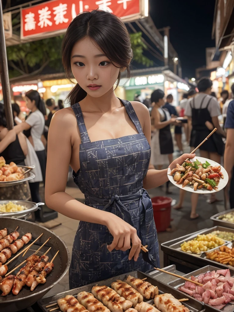 a woman, (northeast Asian food market, narrow street, in the dark shadow at night), customers, round face, (wearing various traditional patterned short apron on naked), (cute stall staff girl, (spread legs), (showing off her crotch, squirting)), short hair,