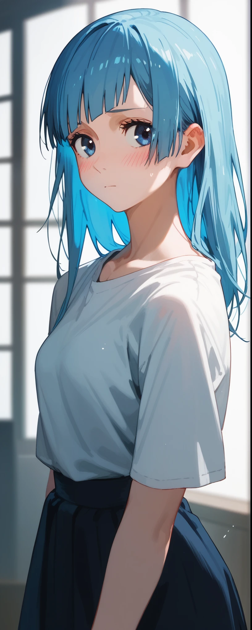 (score_9,score_8_up,score_7_up),1girl,kasumi miwa, blue hair, blush,20-year-old 