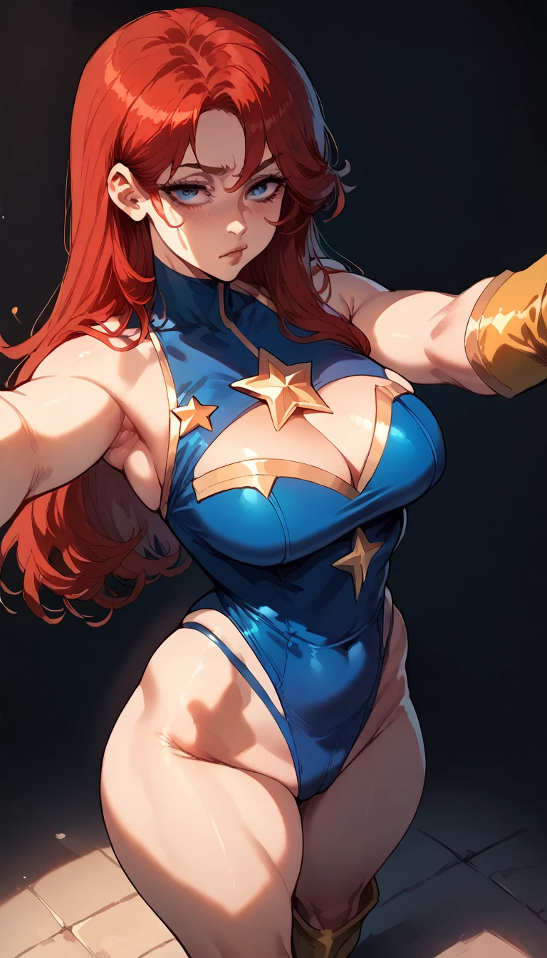 score_9, score_8_up, score_7_up, score_6_up, (((masterpiece))), (((Best Quality: 1.5))), Sexy, Superheroine, Red hair, long hair, busty, plump, curvy, ((blue highleg leotard with a t-back thong and a gold star insignia on chest)), gold boots, gold gloves, ass, selfie