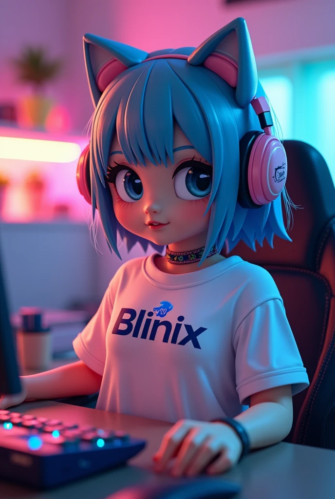 A Child wearing a pink headset inside a computer store, ela esta sorrindo.