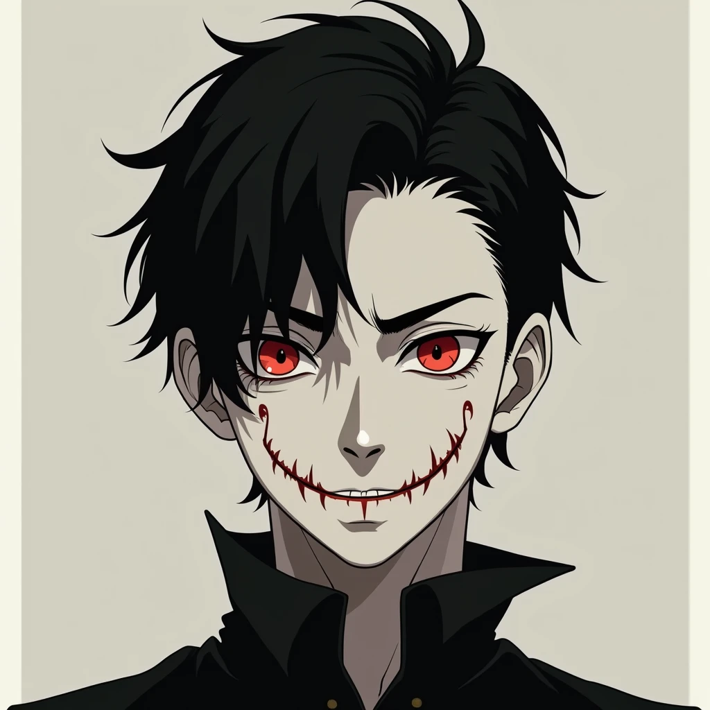 vampire boy,black hair,Red eyes,big smile,showing sharp teeth,blood on the face,full set of deep black clothing,huge red eye on chest,closed crypt,shadows on the walls with eyes eyes