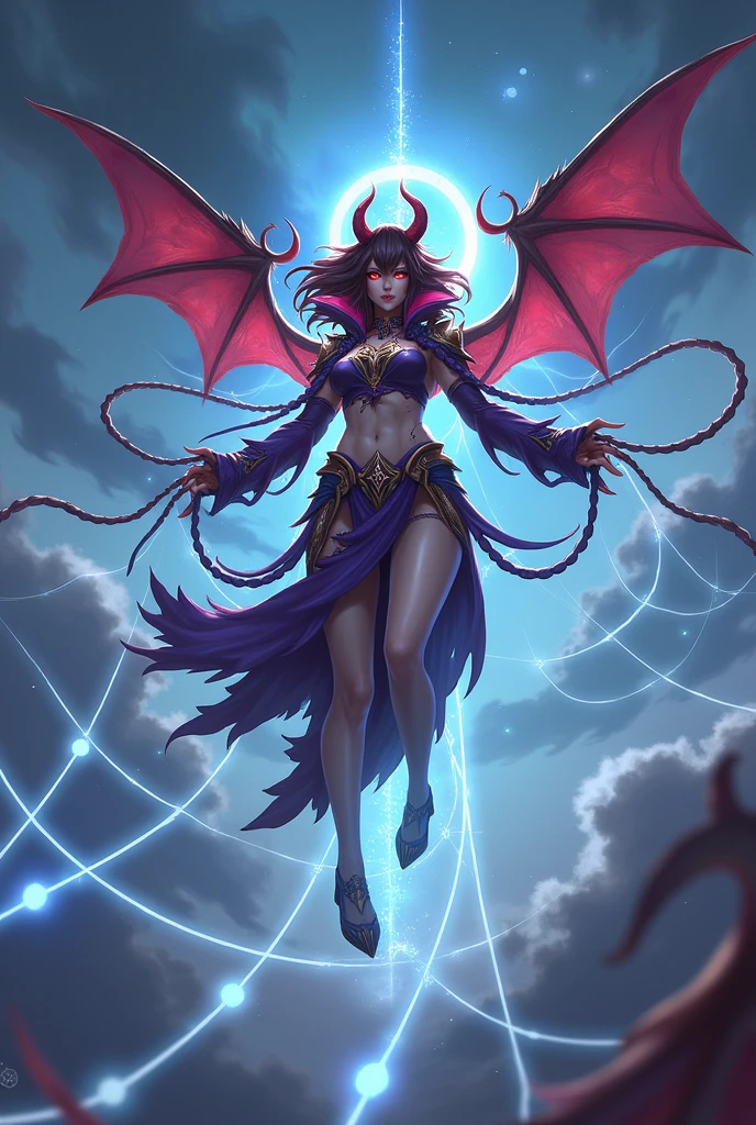 Lisa Ann as a hyper-giant, Hyper-powerful demon with a demon horn on its head and demon wings, and throws purple lightning bolts at a building, ville en ruine post apocalyptique,