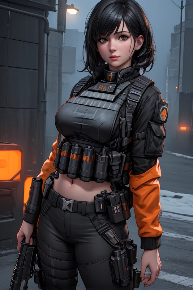 (best quality,8K,Ultra detailed,realistic,photorealistic:1.2),Beautiful girl,black hair,looking ahead,big breasts,orange bulletproof vest,jacket with Call of Duty game logo,carrying a weapon,night.