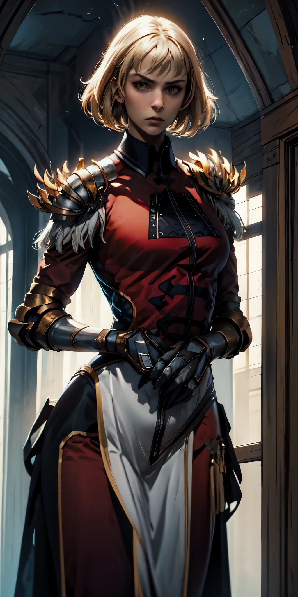 solo, 1girl, cha hae-in, expressionless, looking at viewer, armor, black collar, shoulder armor, long sleeves, gloves, gauntlets, pelvic curtain