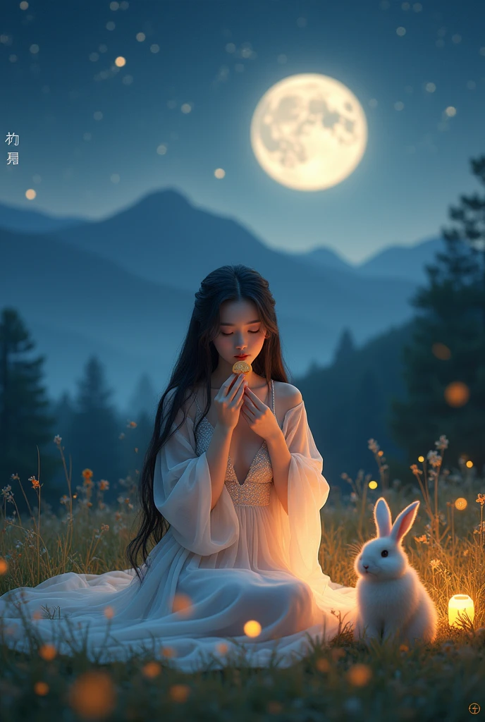 A girl holding a rabbit in her hand sits under a full moon,lanterns,mid-autumn festival。