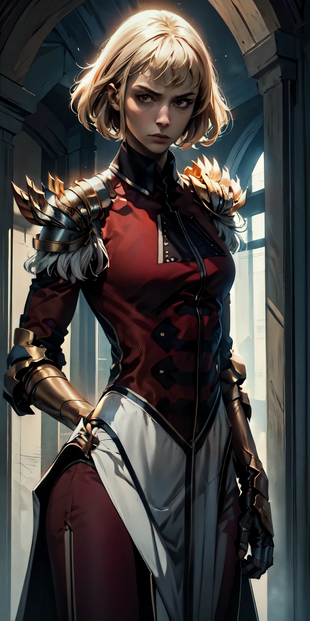 solo, 1girl, cha hae-in, expressionless, looking at viewer, armor, black collar, shoulder armor, long sleeves, gloves, gauntlets, pelvic curtain 