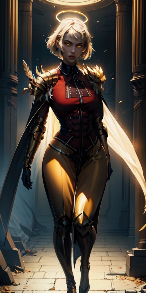 full body of paladin lady in ornate golden armor, black collar, pauldrons, breastplate, corset, glowing halo, WHITE SHORT BOB HAIR, yellow glowing eyes, bright pupils, eye focus, red cape