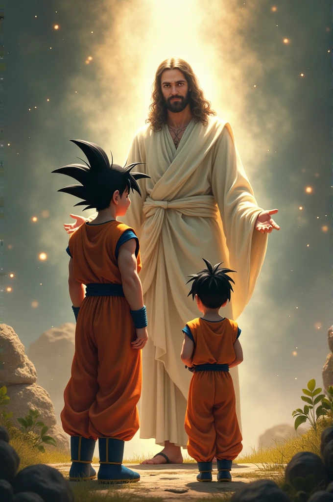 Goku praying and Jesus in front of him
