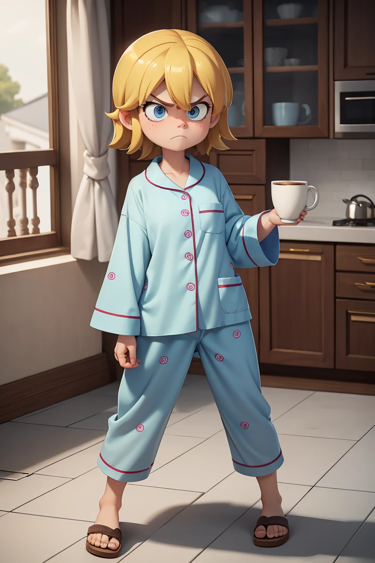 Leni Loud, with dark circles and tired eyes, angry tired face, pajamas, curves, cup of coffee in the kitchen, Sandals, full body
