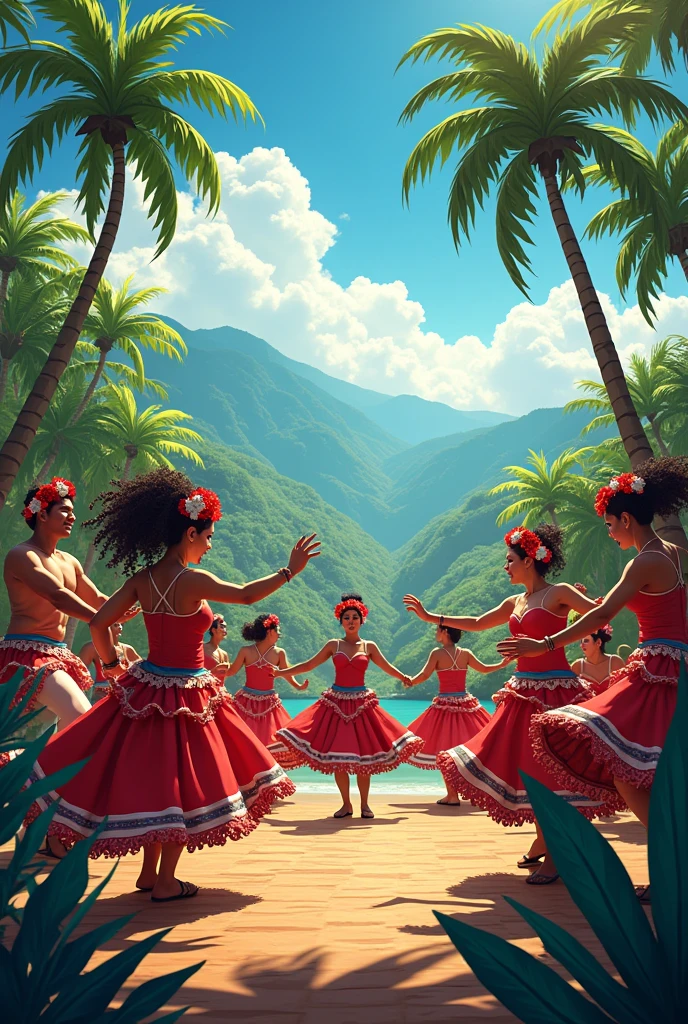 A smiling Dwayne Johnson wearing a grass skirt and a flower lei, hula dancing with a group of locals in front of a volcano, cartoon style, low angle, digital painting, Adobe Photoshop, 4K, cel shading, bright colors, exaggerated proportions, funny expressions --ar 16:9 --v 5