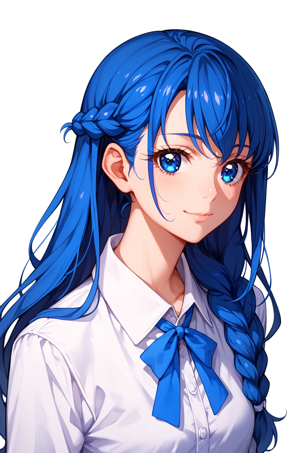 score_9, score_8_up, score_7_up, sourse_anime, (1girl, solo), hishikawa rikka, hishikawa rikka (\dokidoki! precure\), dokidoki! precure, blue hair, braid, side braid, long hair, blue eyes, smile, faint lips,  blue dress, dress shirt, white shirt, collared shirt, long sleeves, blue ribbon, face forcus, simple background, white background