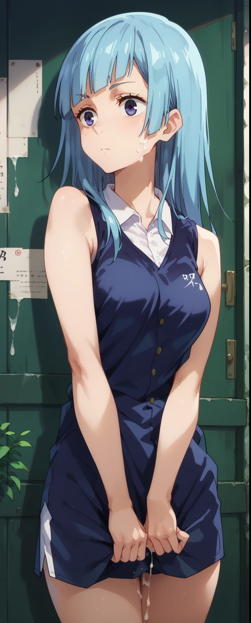 score_9,score_8_up,score_7_up, kasumi miwa, blue hair, medium breasts, 20-year-old, (sleeveless), cum, cowboy shot, 