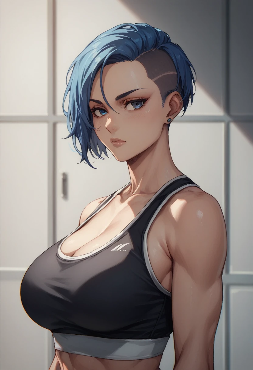 girl, alone, seductive look, sidecut hairstyle, short hair, royal blue hair, black sportswear, big breasts