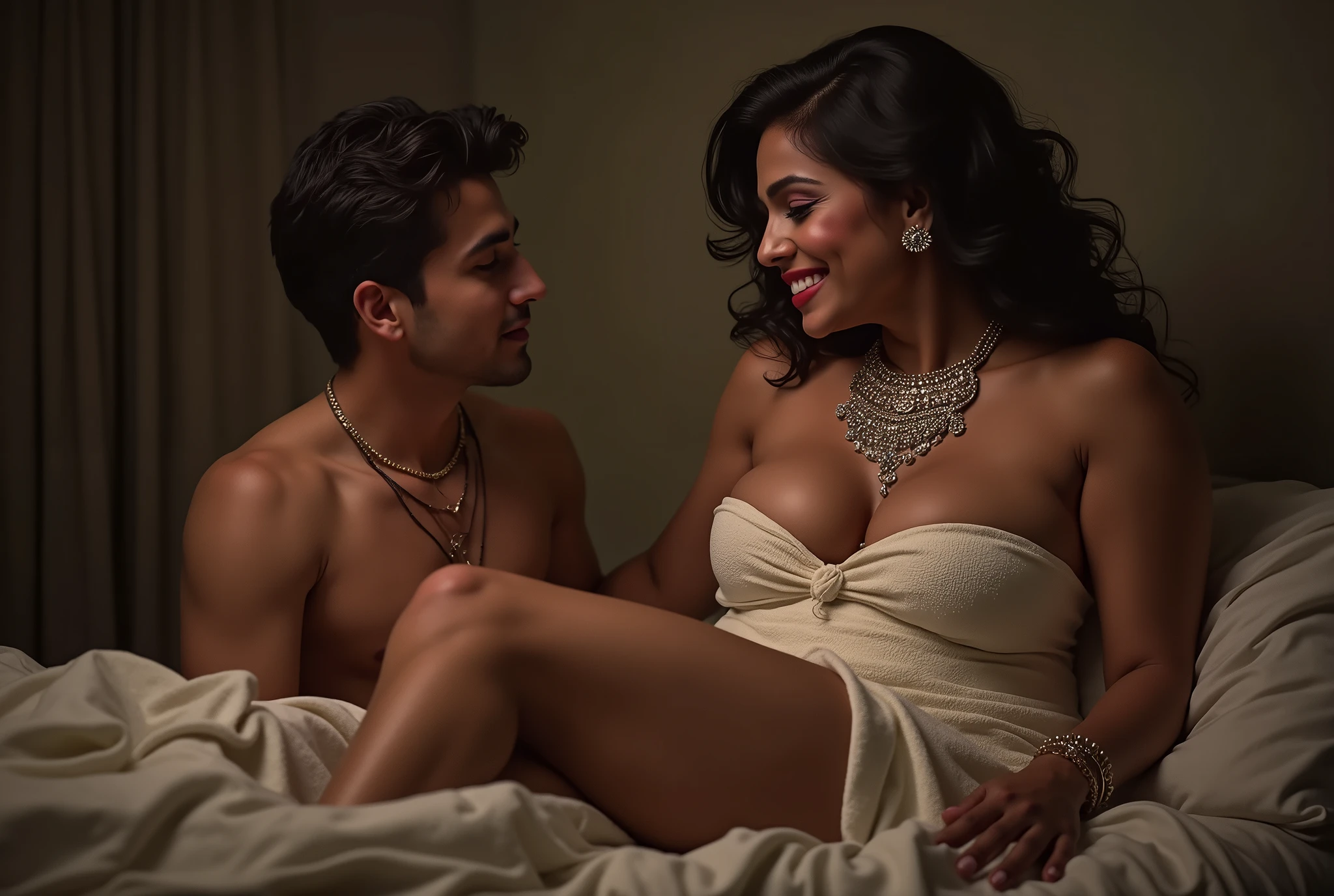 "Capture the erotic sexual intimacy moment of the modern glamours cute seductive gorgeous brunette elegant Indian actress (Samantha Ruth Prabhu)and actor hrithik rosan having an intimate erotic sex, professional photography, realistic, NSFW, change in view( top, down, bottom, front, back), change in (costume, location, background,hair style, position, poses, setup, equipment, surrounding, jewellery, clothing, costume colours, detailed view of ( , face, thighs, vagina, anus, erect penis),erotic smile, seductive erotic expression, erotic expression, anal sex, hardcore sex, passionate sex, rough sex, hand job, blow job, sucking penis, licking vagina, no disfigured, no ugly".
