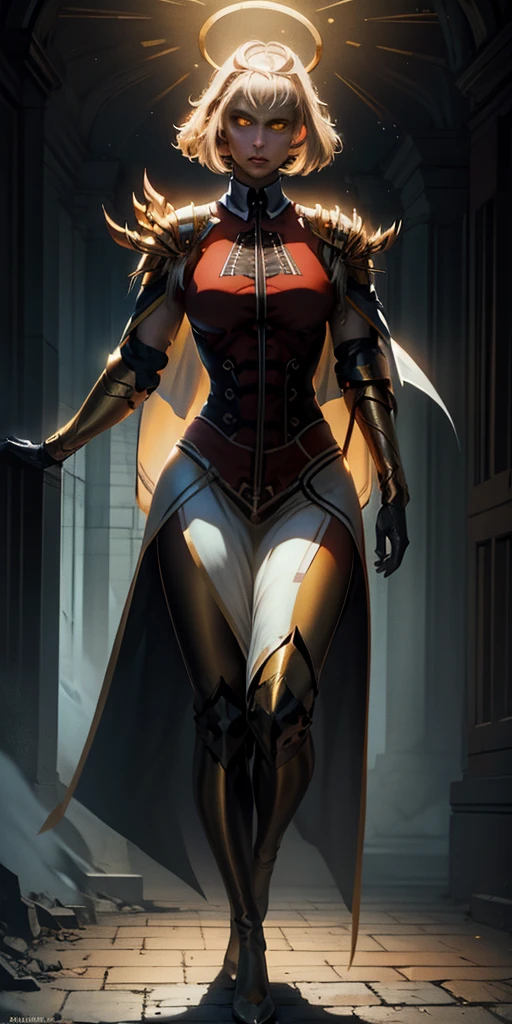 full body of paladin lady in ornate golden armor, black collar, pauldrons, breastplate, corset, glowing halo, WHITE SHORT BOB HAIR, yellow glowing eyes, bright pupils, eye focus, red cape