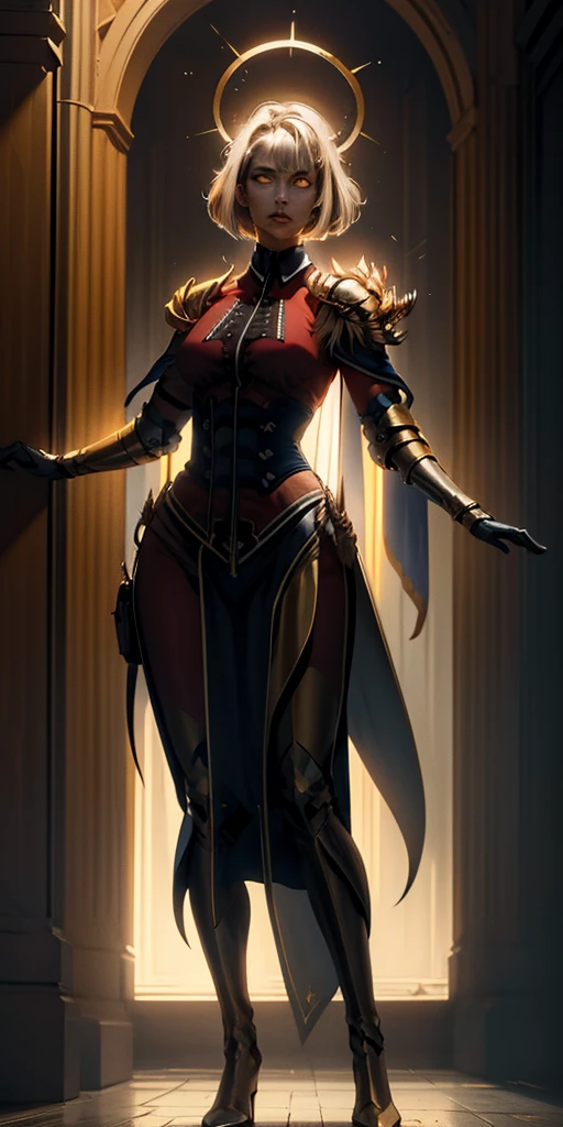 full body of paladin lady in ornate golden armor, black collar, pauldrons, breastplate, corset, glowing halo, WHITE SHORT BOB HAIR, yellow glowing eyes, bright pupils, eye focus, red cape