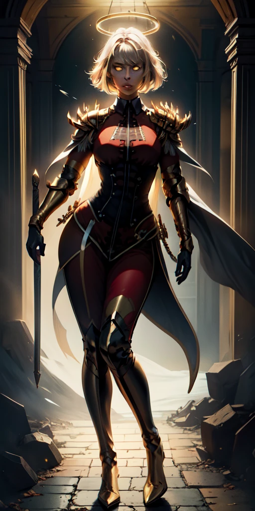 full body of paladin lady in ornate golden armor, black collar, pauldrons, breastplate, corset, glowing halo, WHITE SHORT BOB HAIR, yellow glowing eyes, bright pupils, eye focus, red cape