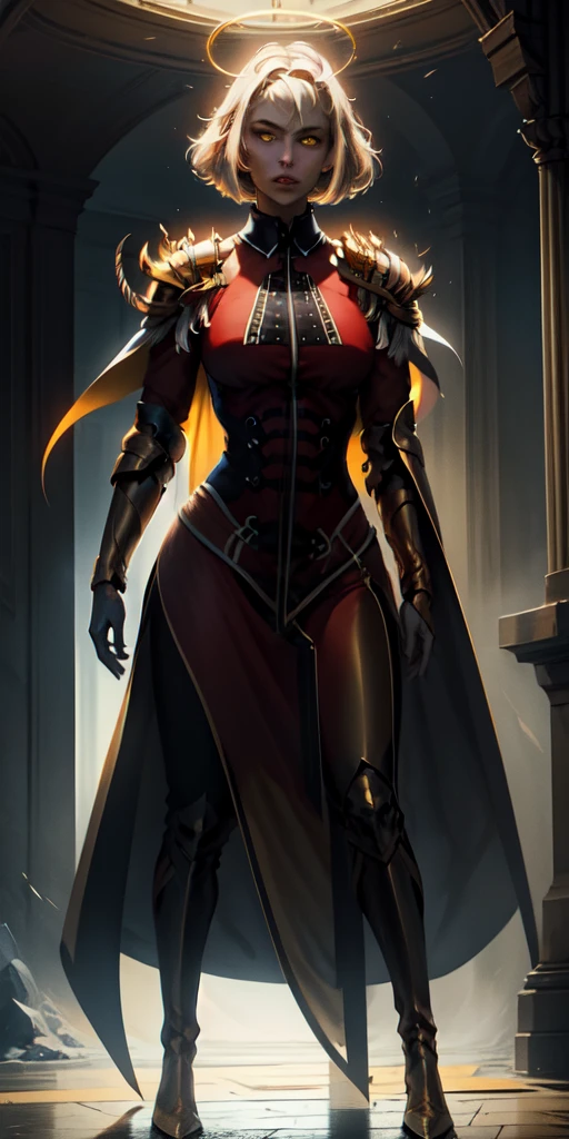 full body of paladin lady in ornate golden armor, black collar, pauldrons, breastplate, corset, glowing halo, WHITE SHORT BOB HAIR, yellow glowing eyes, bright pupils, eye focus, red cape